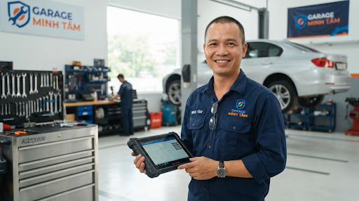 Kỹ thuật viên Garage Minh Tâm kiểm tra xe